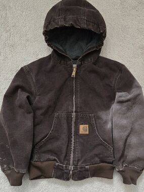 BOYS Carhartt YYJ159 DKB Brown Fleece Lined Hooded Zip Up Jacket Coat Size 5/6